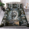 Tiger quilt bedding set styled in a bright bedroom with white tiger and mountain artwork