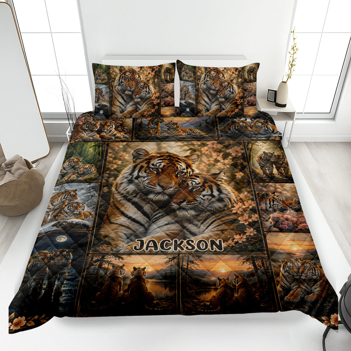 Tiger quilt bedding set displayed on a bed with tiger portraits, floral accents, and wildlife scenes