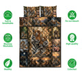 Tiger quilt blanket and pillowcases shown with breathable, washable, colorfast, and quality feature icons