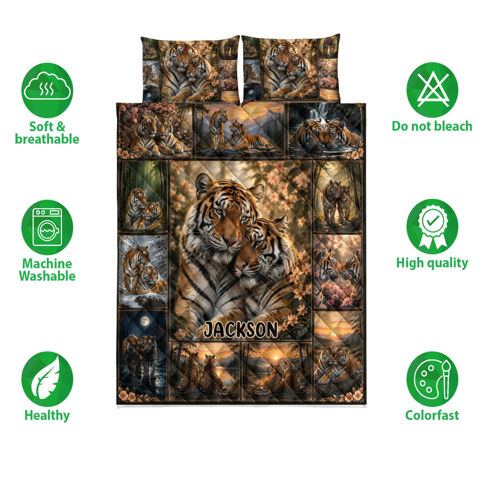 Tiger quilt blanket and pillowcases shown with breathable, washable, colorfast, and quality feature icons