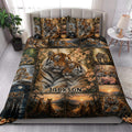 Tiger quilt bedding arranged in a bright bedroom with paired tiger artwork across the bed