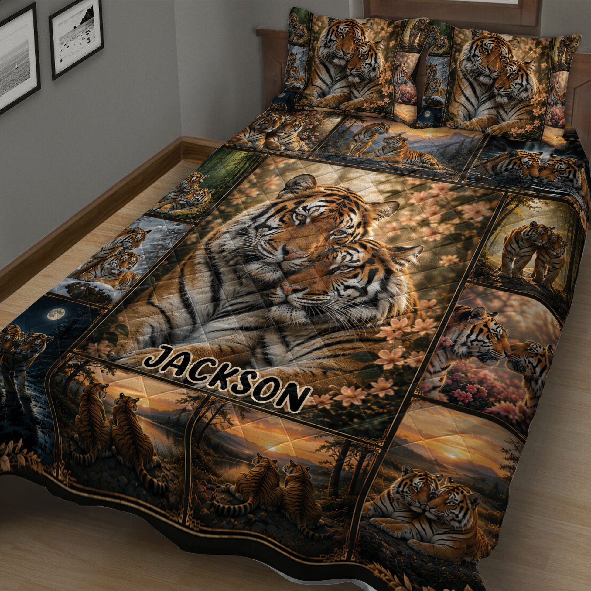 Close view of tiger quilt artwork featuring a large tiger portrait, paired tigers, and sunset scenes