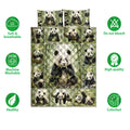Panda quilt bedding set shown with bamboo artwork and icons highlighting softness, breathability, and washability