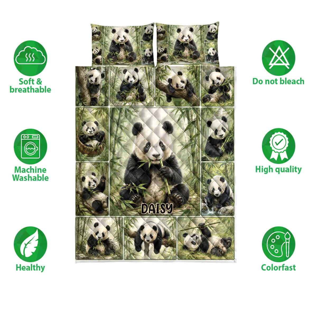 Panda quilt bedding set shown with bamboo artwork and icons highlighting softness, breathability, and washability