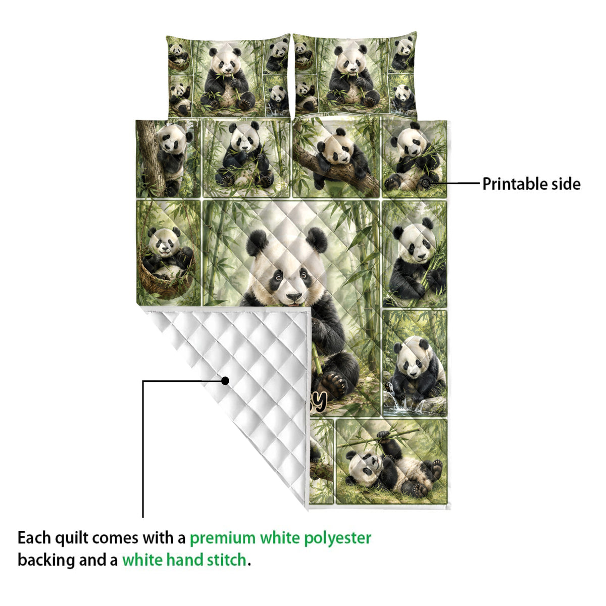 Panda quilt blanket detail showing the printed bamboo forest side and diamond stitched backing
