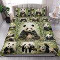 Panda quilt blanket styled on a modern bed with lush bamboo scenery and wildlife artwork