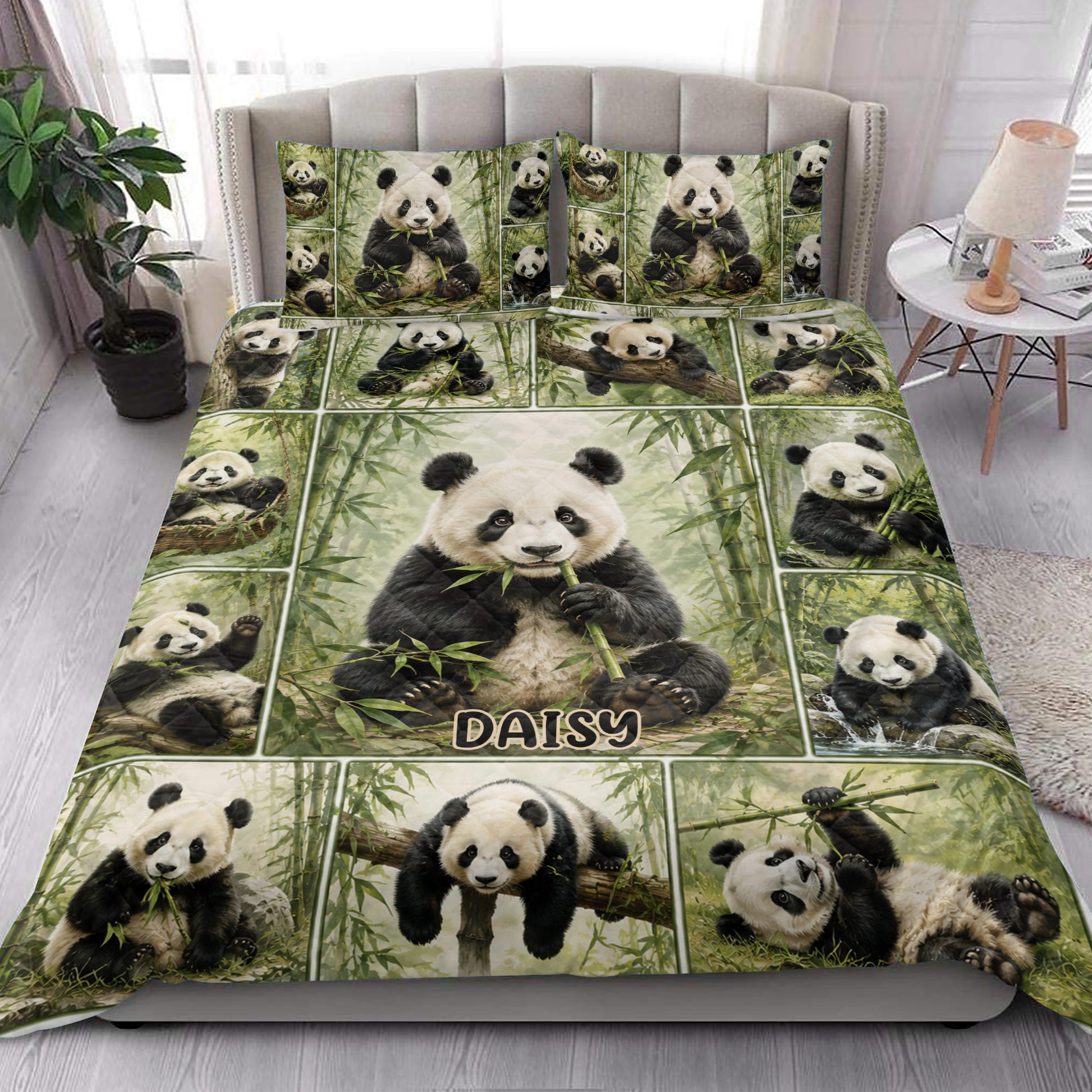 Panda quilt blanket styled on a modern bed with lush bamboo scenery and wildlife artwork