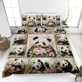 Panda quilt blanket bedding set displayed on a bed with floral, bamboo, and butterfly artwork