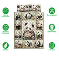 Panda quilt bedding set shown with floral artwork and soft, breathable, machine washable feature icons