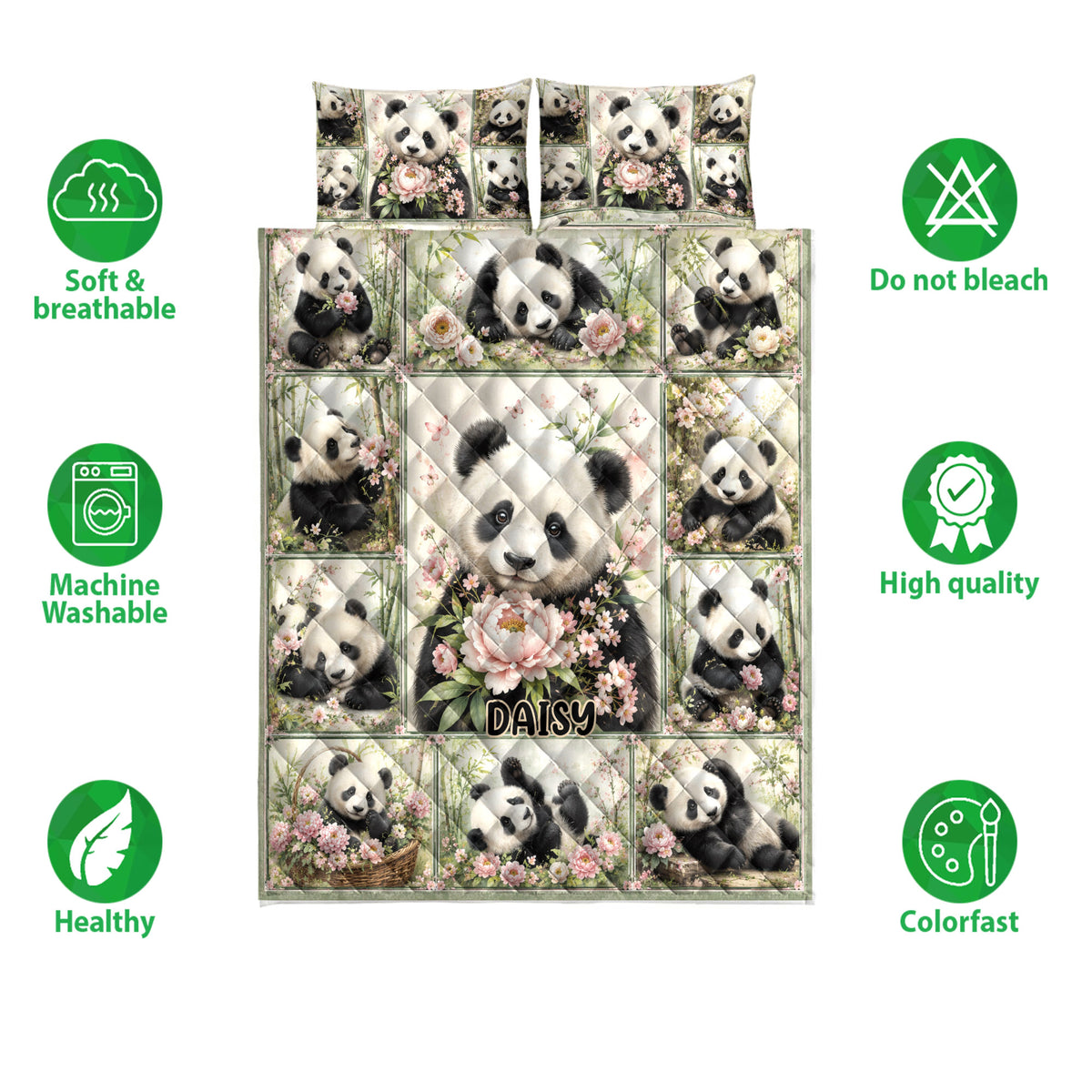 Panda quilt bedding set shown with floral artwork and soft, breathable, machine washable feature icons