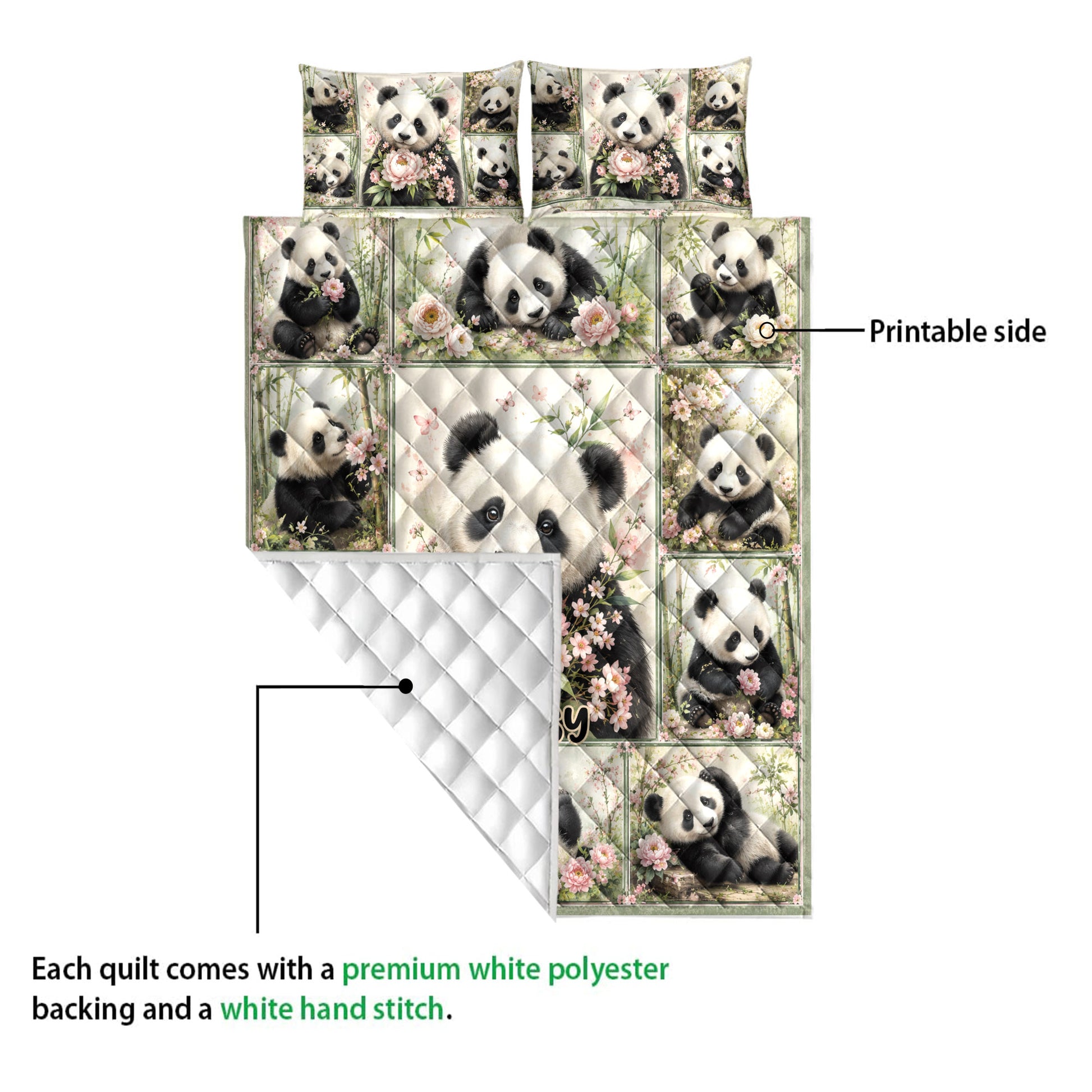 Panda quilt blanket showing the printed floral side and white quilted reverse
