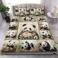 Panda quilt bedding set styled in a bright bedroom with floral pandas and bamboo artwork