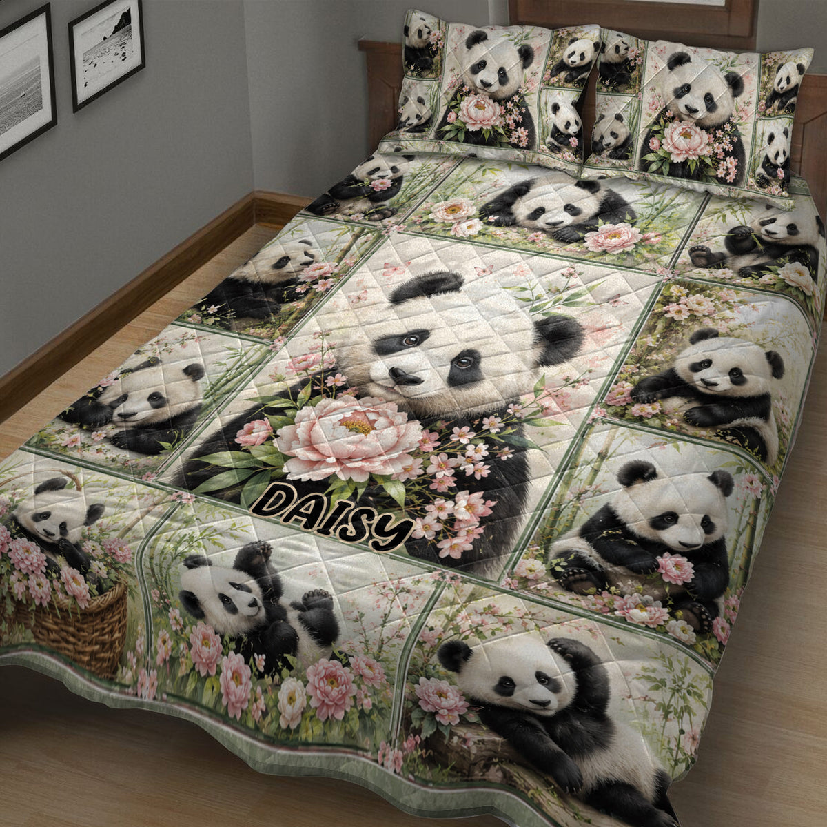 Close view of panda quilt blanket bedding with botanical flowers and playful panda scenes