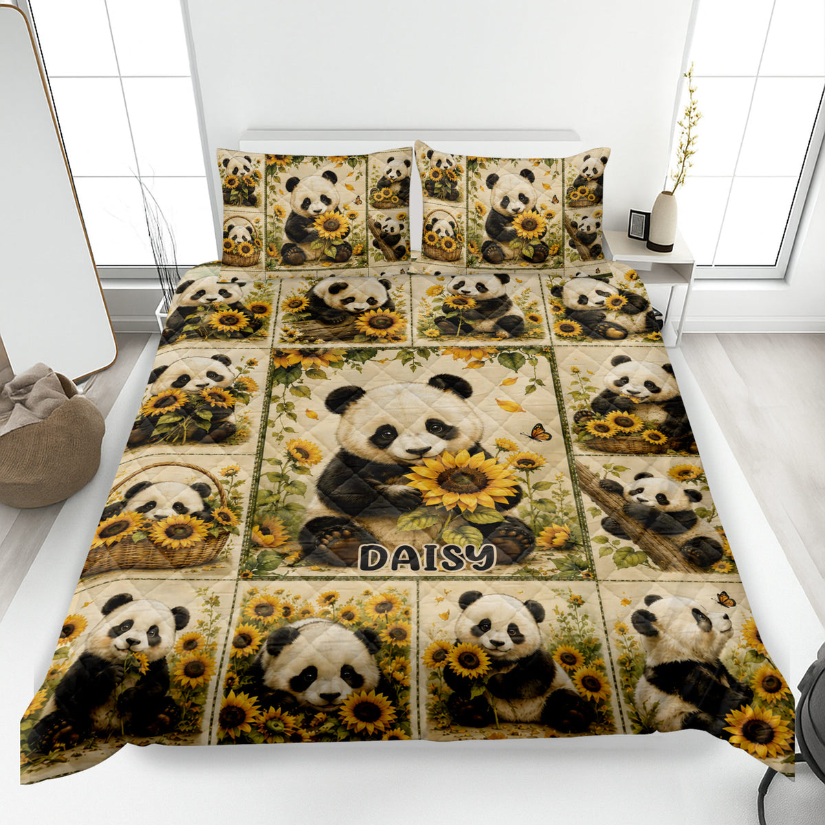 Panda quilt blanket spread across a bed with sunflower artwork and multiple playful panda scenes