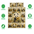 Panda quilt bedding set displayed flat with sunflower panels and soft, breathable feature icons