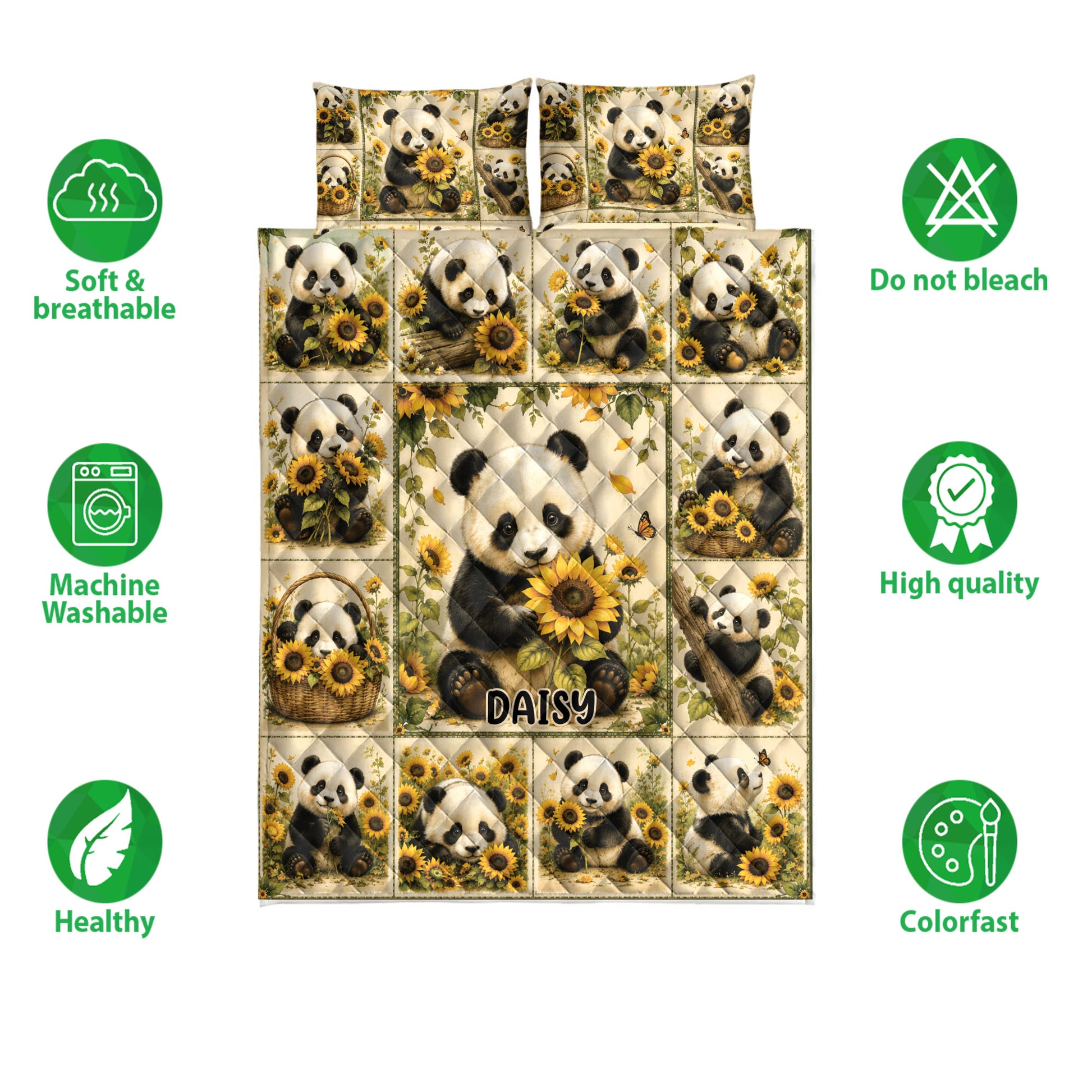 Panda quilt bedding set displayed flat with sunflower panels and soft, breathable feature icons