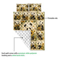 Panda quilt blanket detail showing the printed sunflower artwork and white quilted backing