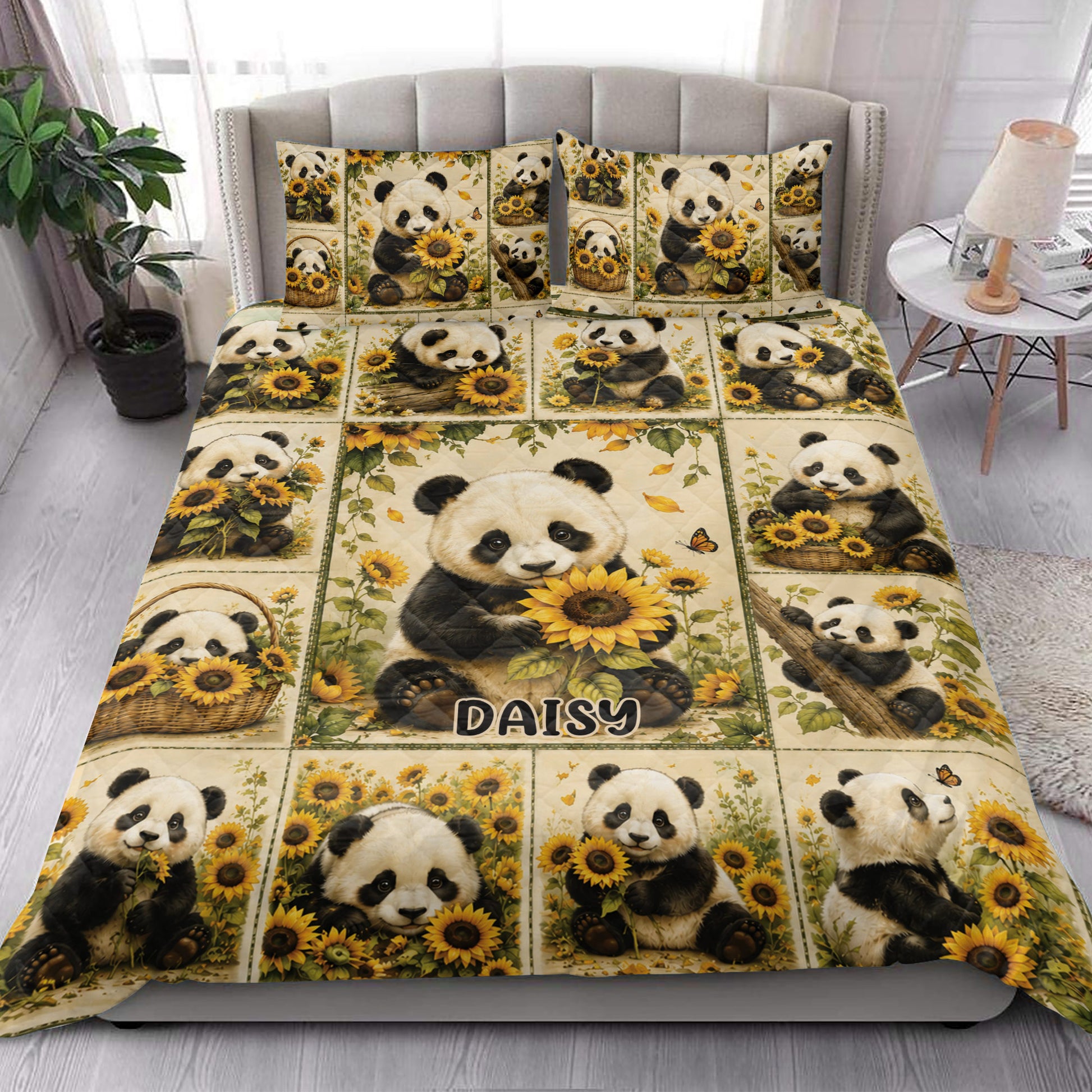 Panda quilt bedding styled on a bedroom bed with warm sunflower and wildlife decor