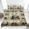 Panda quilt blanket spread across a bed with daisy bouquets and repeating panda artwork in soft green tones