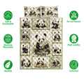 Panda quilt bedding set displayed flat with daisy artwork and product feature icons around the design