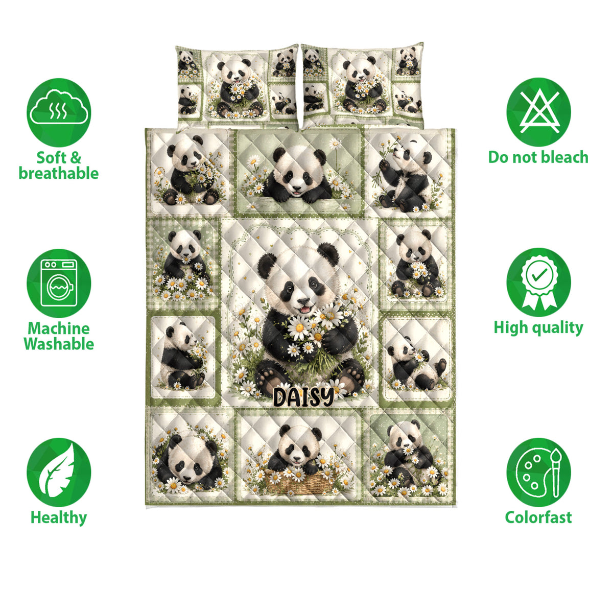 Panda quilt bedding set displayed flat with daisy artwork and product feature icons around the design