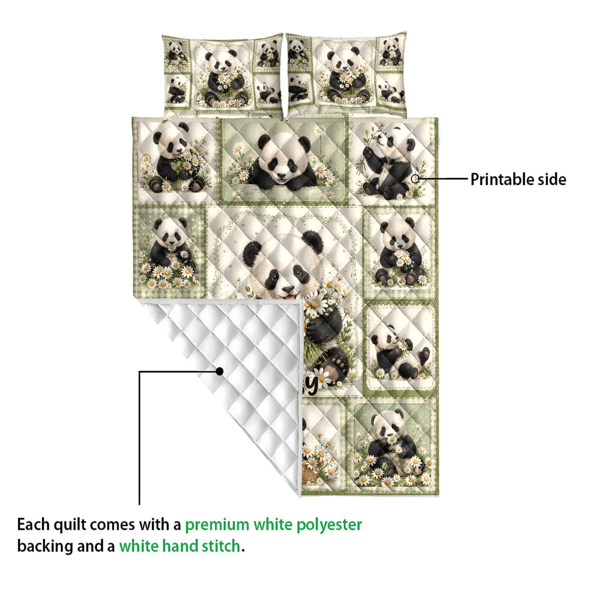 Panda quilt showing its printed front artwork and white quilted backing in a close product detail view