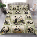 Panda quilt blanket styled on a bed with floral panda artwork in a bright bedroom setting