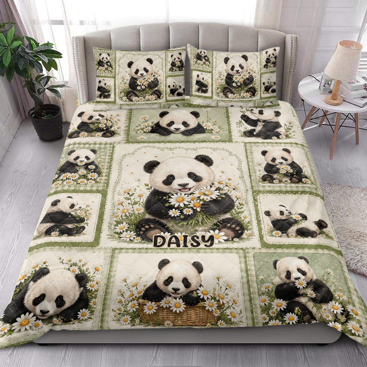 Panda quilt blanket styled on a bed with floral panda artwork in a bright bedroom setting