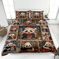 Christmas panda quilt blanket displayed on a bed with festive gifts, trees, snowmen, and red accents