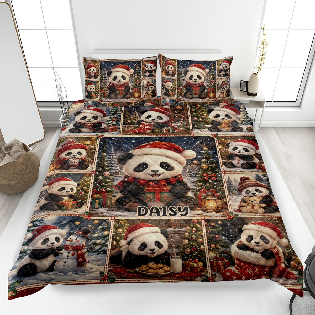 Christmas panda quilt blanket displayed on a bed with festive gifts, trees, snowmen, and red accents