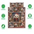 Christmas panda quilt bedding set shown flat with festive artwork and product feature icons