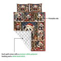 Close view of Christmas panda quilt showing the printed front and white diamond-stitched backing