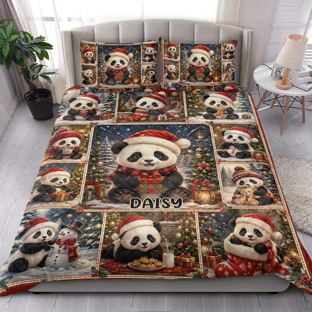 Festive panda quilt blanket styled on a bed with Christmas trees, presents, ornaments, and snowy scenes