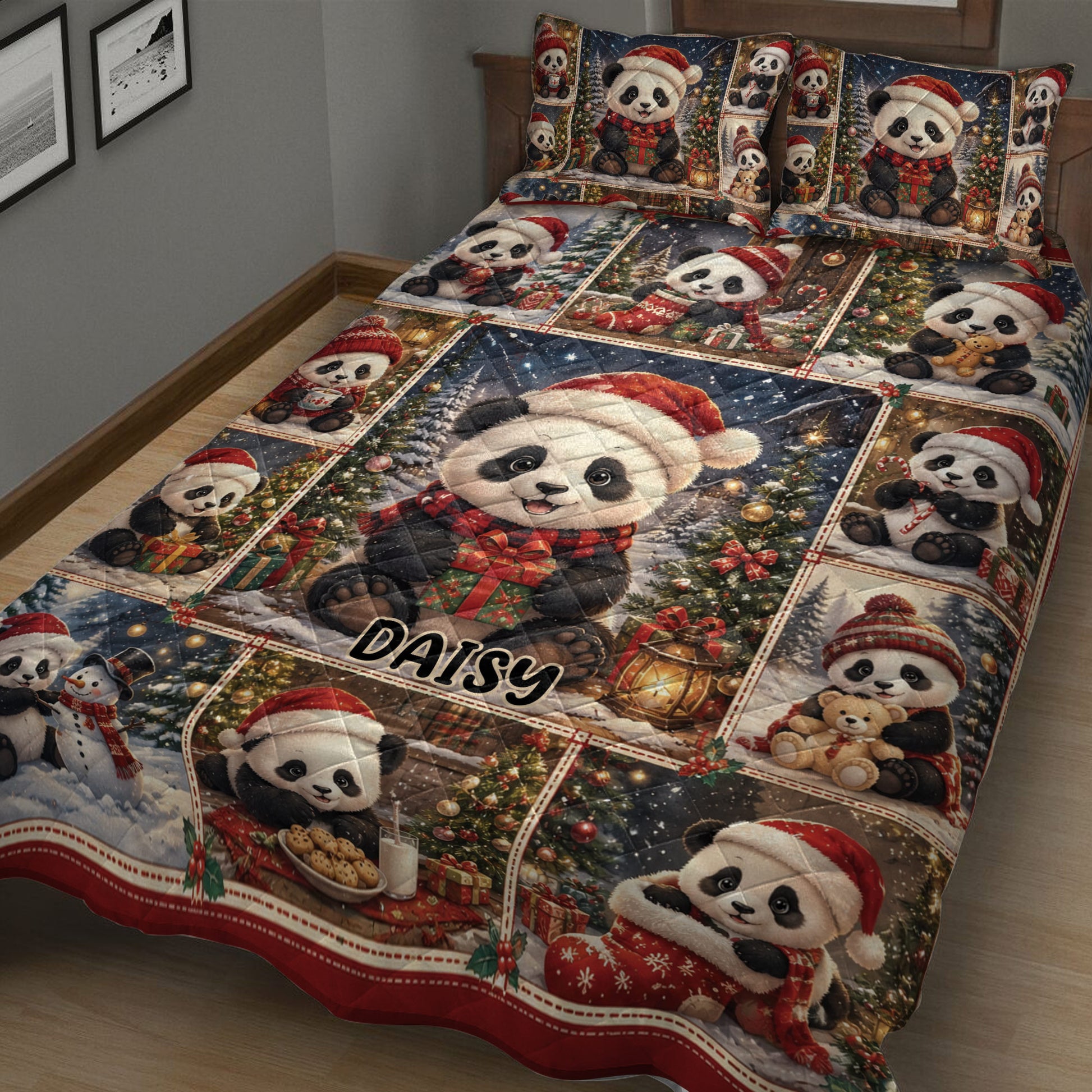 Close-up Christmas panda bedding with Santa hats, gifts, ornaments, and cozy holiday artwork
