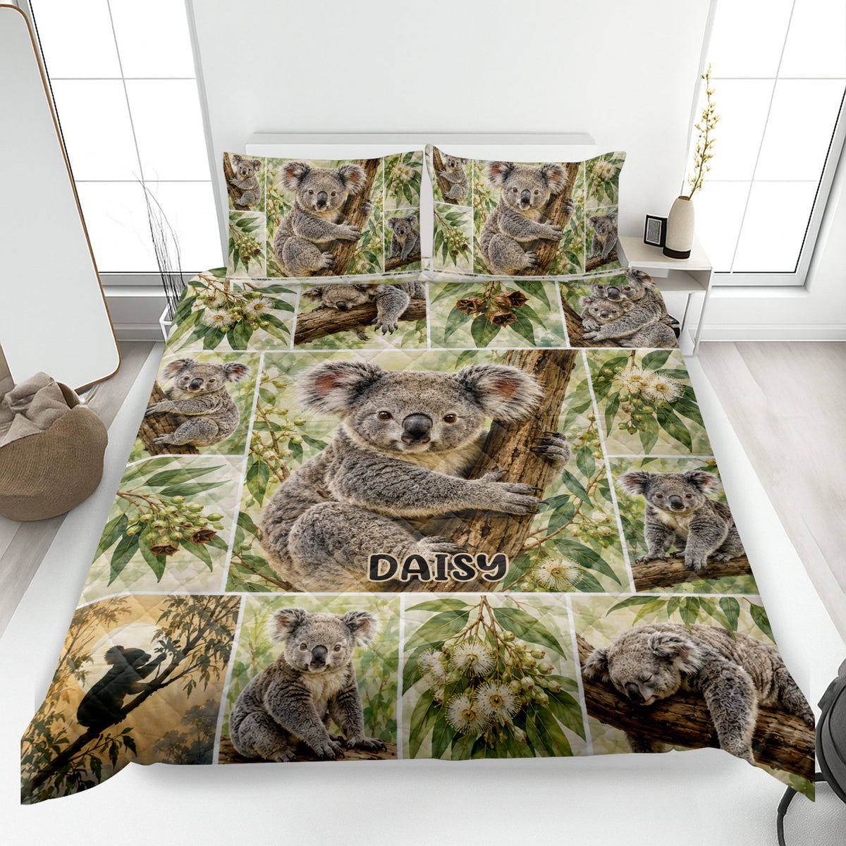 Koala quilt blanket displayed on a bed with eucalyptus leaves and multiple koala wildlife panels