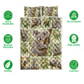 Koala quilt bedding set shown with soft breathable fabric, machine washable icons, and colorful wildlife artwork