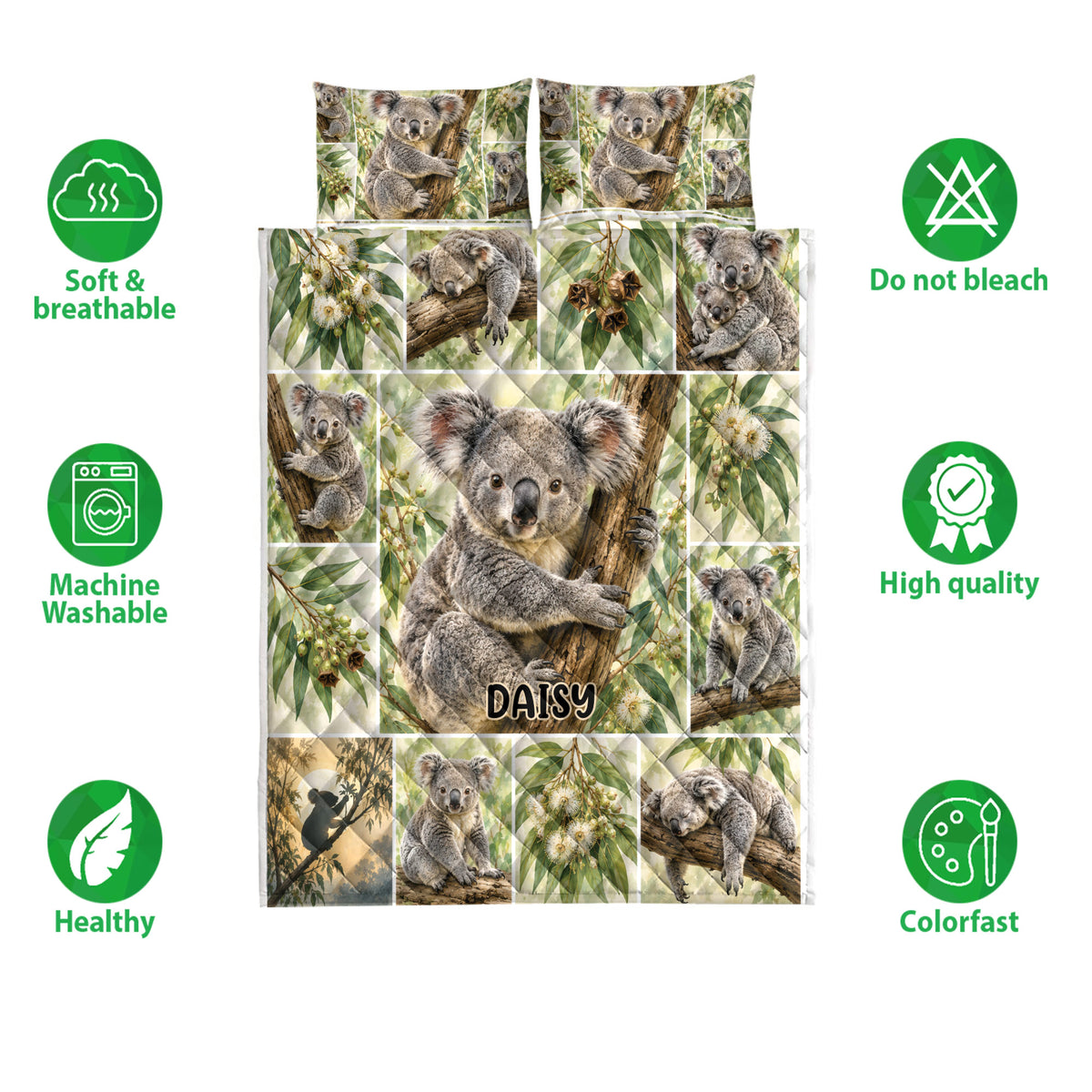 Koala quilt bedding set shown with soft breathable fabric, machine washable icons, and colorful wildlife artwork