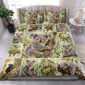 Koala quilt blanket styled in a bright bedroom with eucalyptus foliage and Australian wildlife artwork