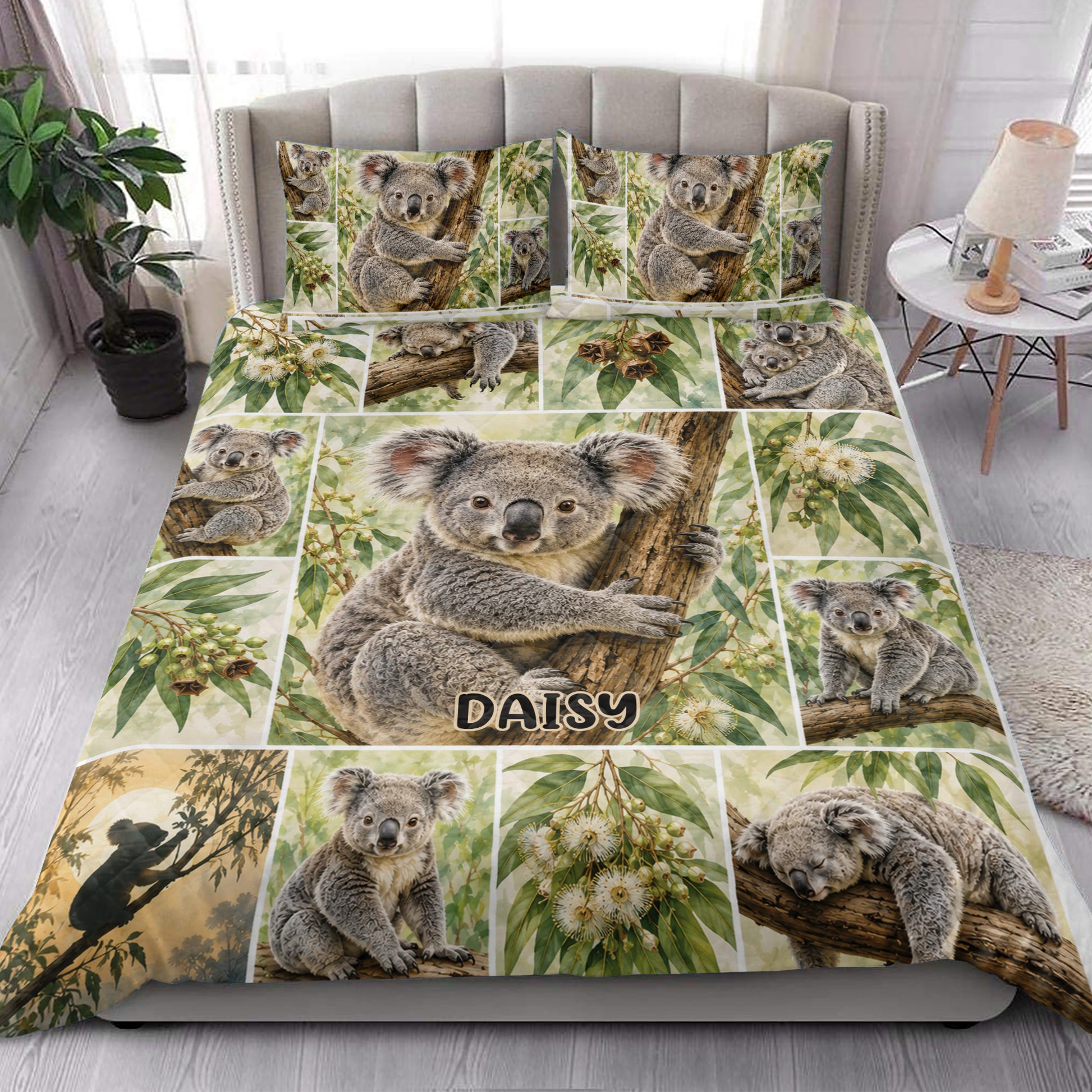 Koala quilt blanket styled in a bright bedroom with eucalyptus foliage and Australian wildlife artwork
