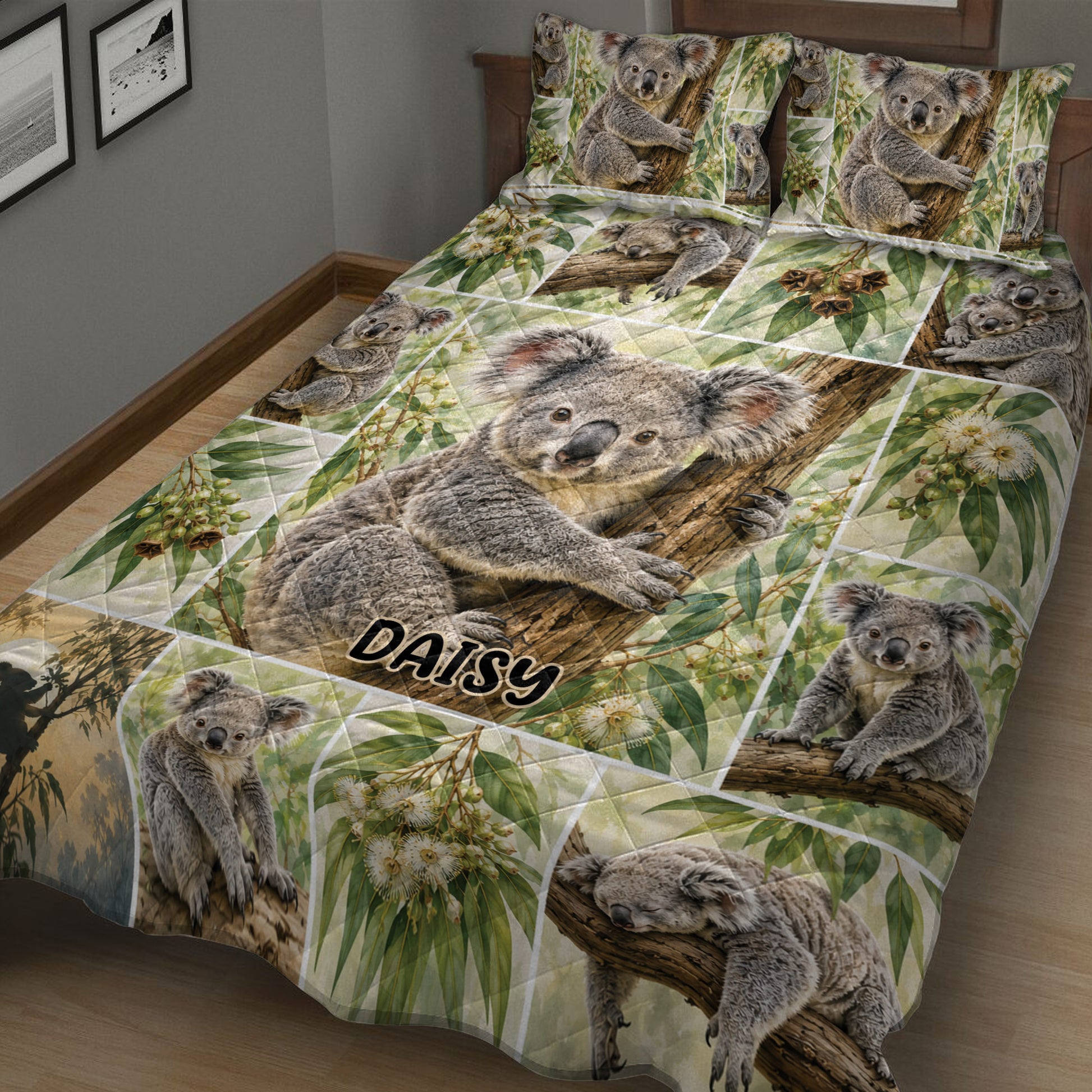 Close view of koala quilt bedding with eucalyptus leaves, tree branches, and family koala scenes