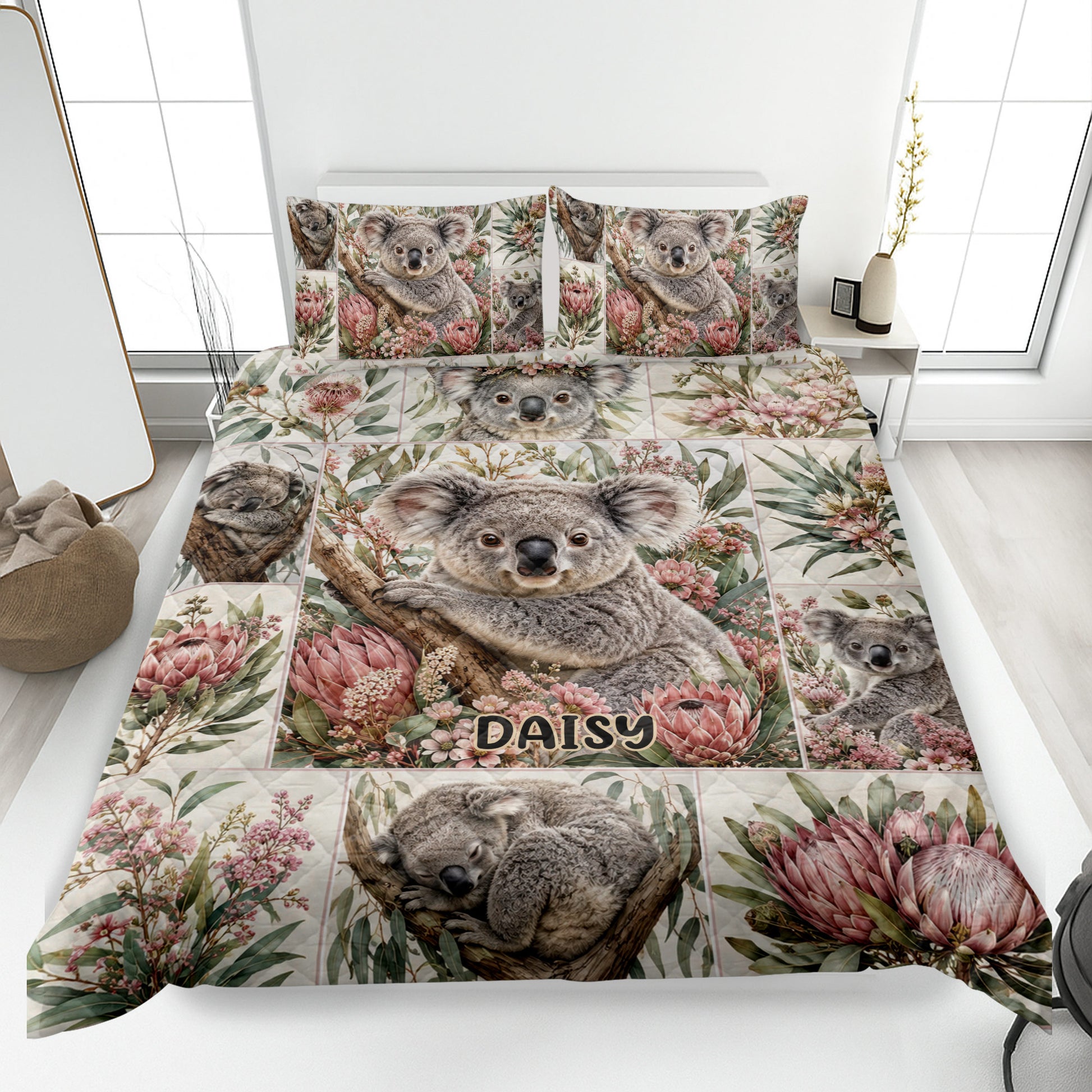 Koala quilt blanket displayed on a bed with Australian flowers and multiple koala portraits