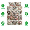 Koala quilt bedding set shown with floral artwork and soft breathable design feature icons