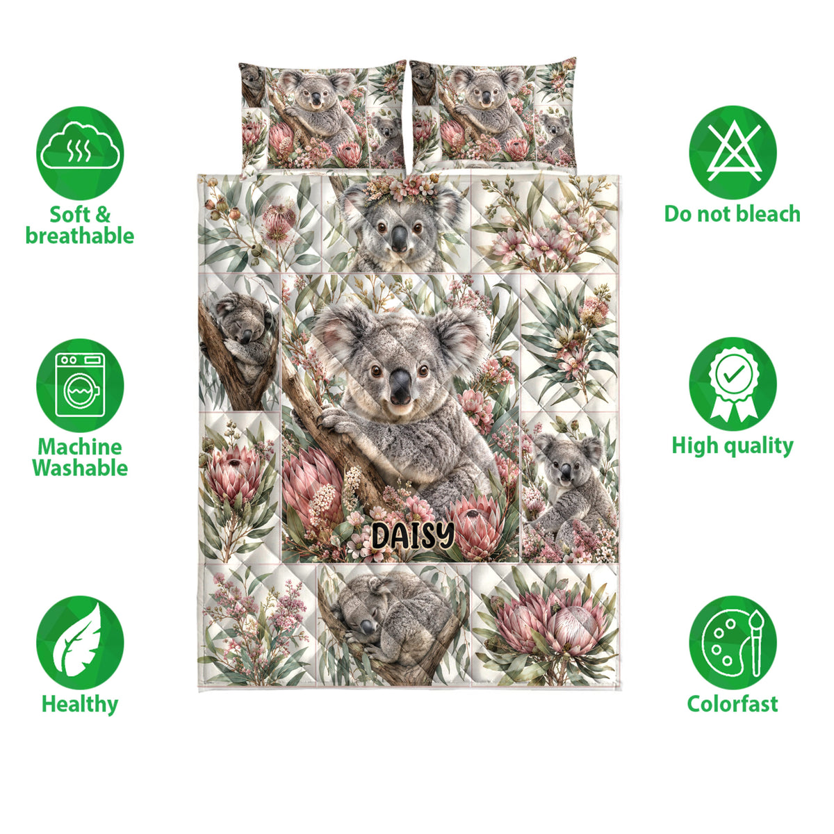 Koala quilt bedding set shown with floral artwork and soft breathable design feature icons
