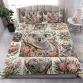 Koala floral quilt blanket styled across a bedroom bed with coordinating koala artwork