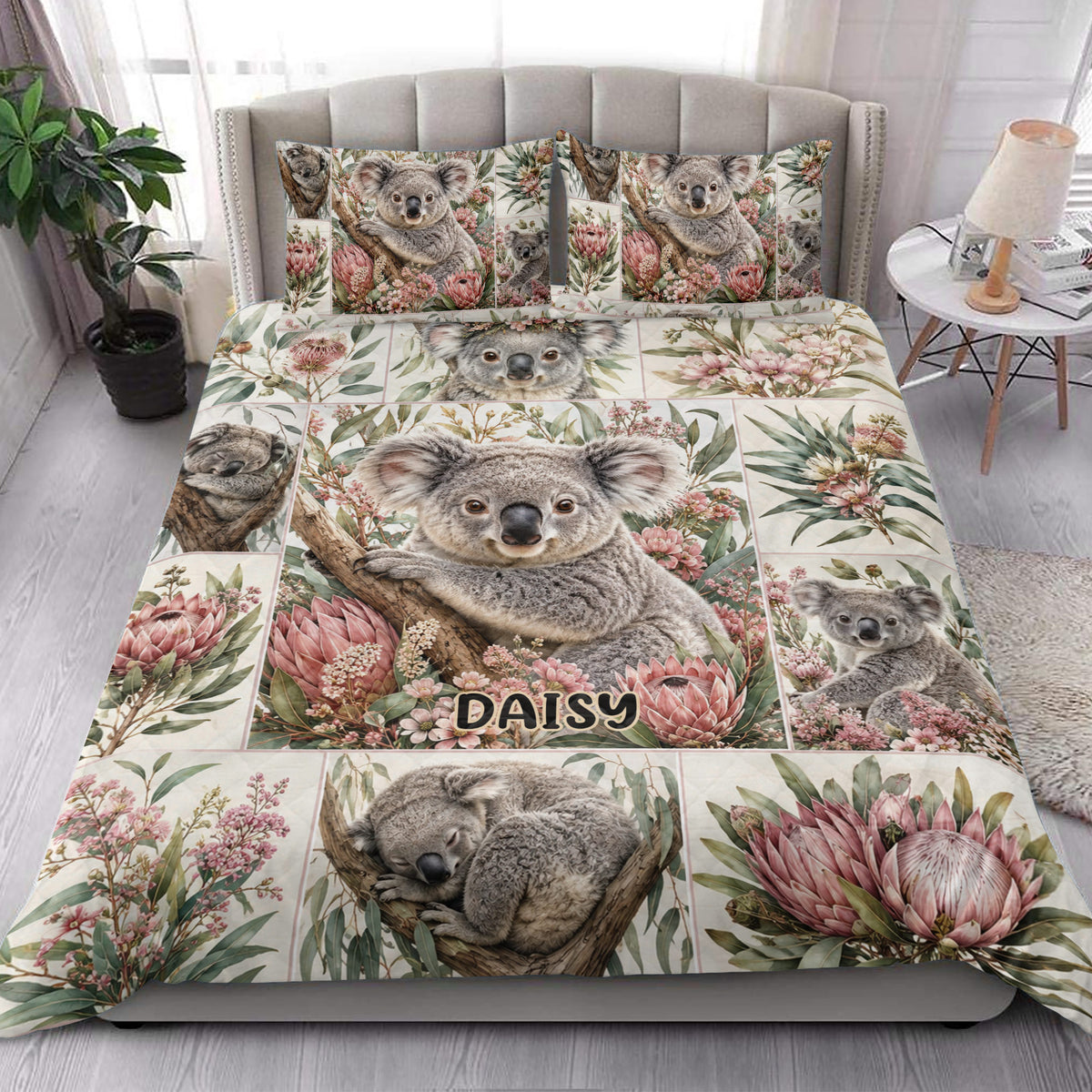 Koala floral quilt blanket styled across a bedroom bed with coordinating koala artwork