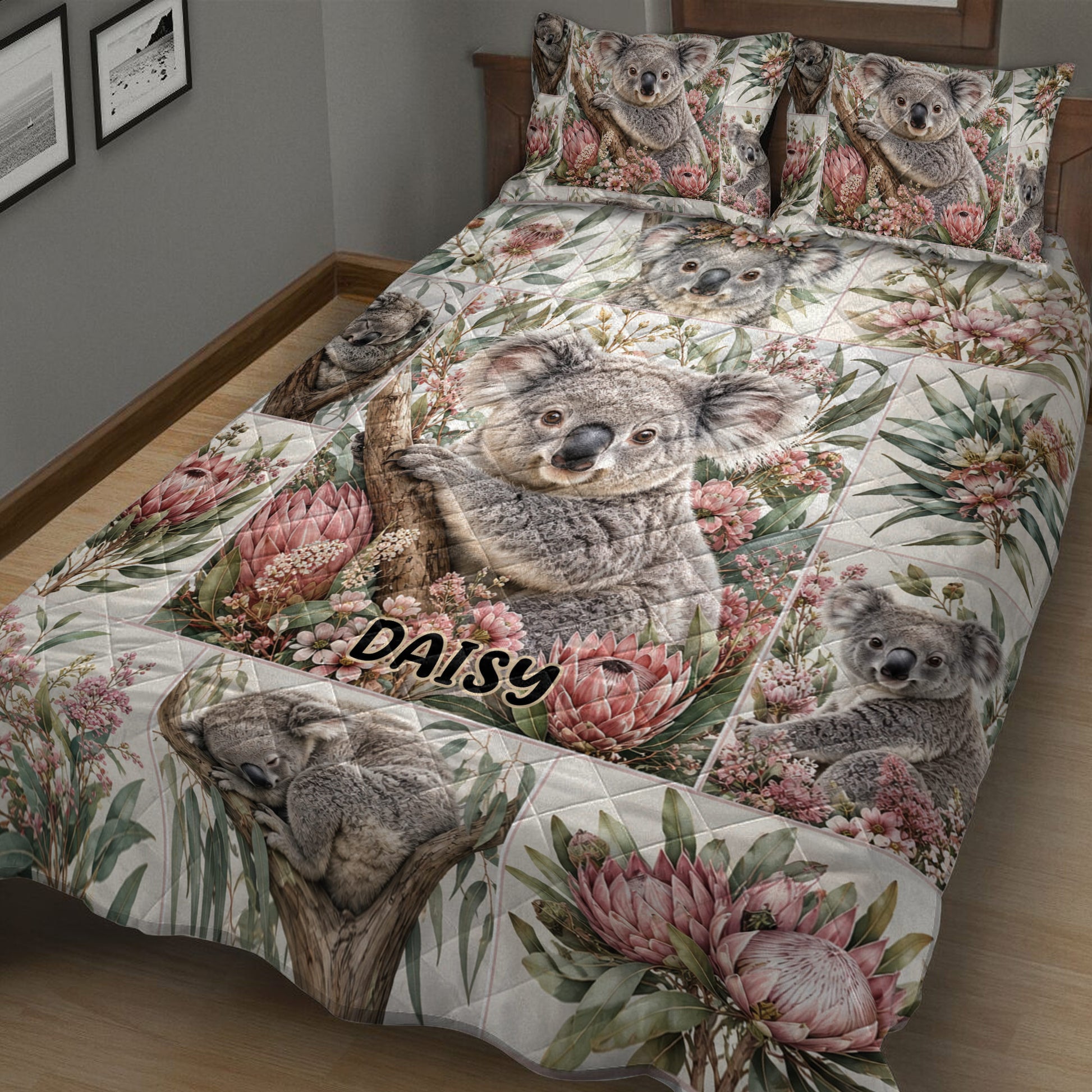 Close bedroom view of a koala quilt blanket with eucalyptus leaves and pink Australian flowers