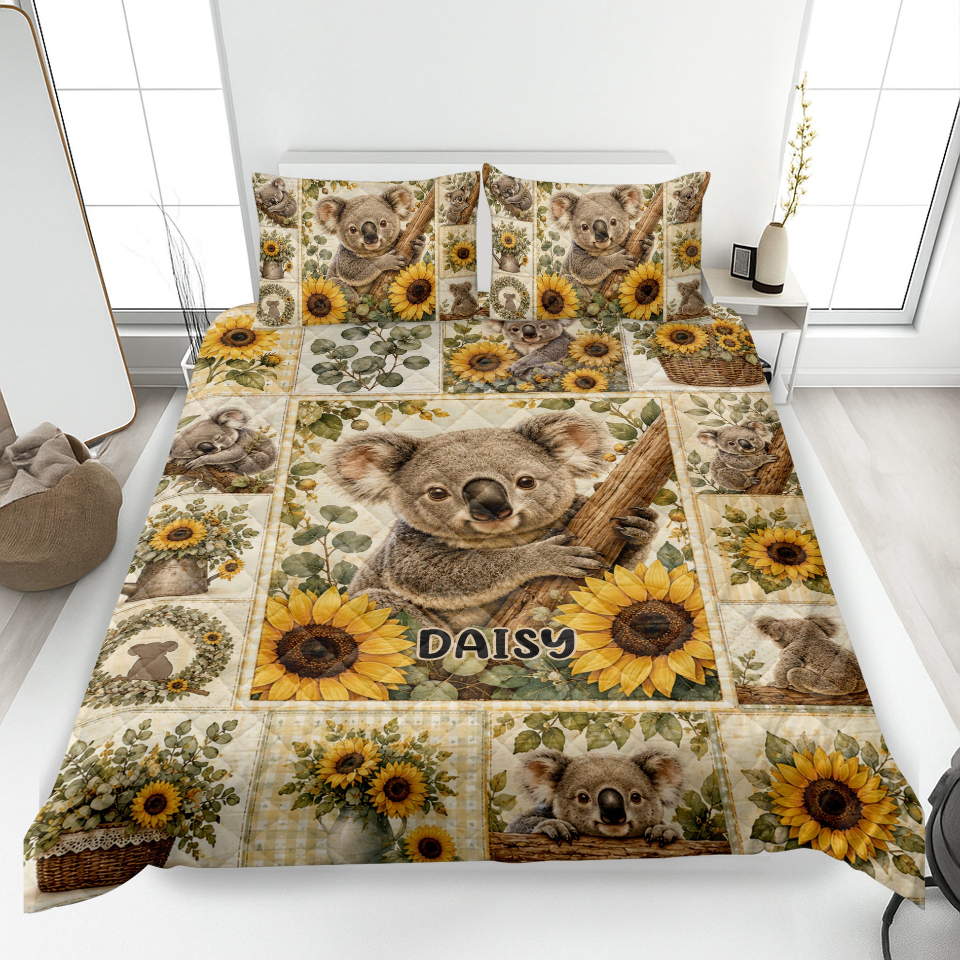 Koala quilt blanket displayed on a bed with sunflowers, eucalyptus leaves, and Australian wildlife artwork