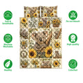 Koala quilt blanket and pillow option shown with sunflower artwork and soft breathable product feature icons