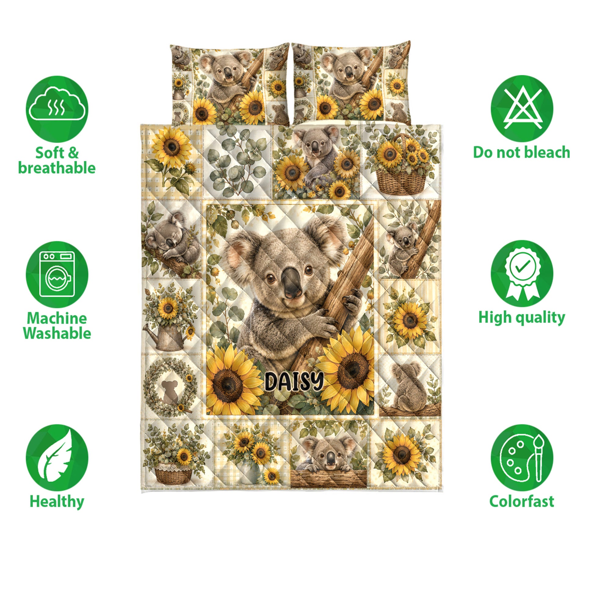 Koala quilt blanket and pillow option shown with sunflower artwork and soft breathable product feature icons