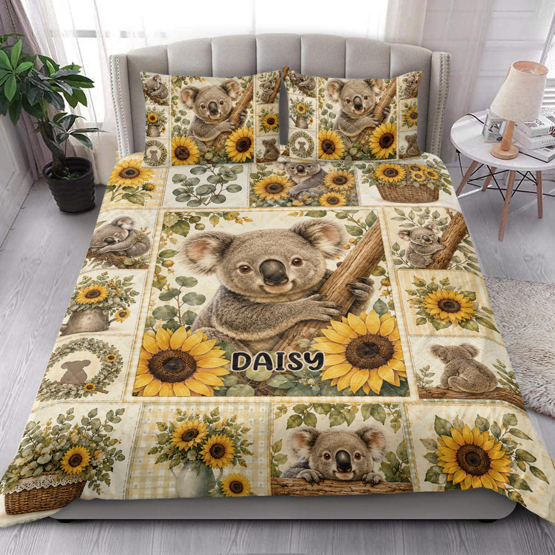 Koala and sunflower quilt blanket styled across a bright bedroom with coordinated bedding decor
